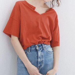【Ungrid】アングリッド★ネックカットハーフスリーブTee★レッド赤★カットソーTシャツ