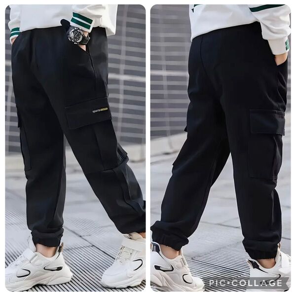 新品150㎝黒カーゴパンツ★ジョガーパンツブラックE