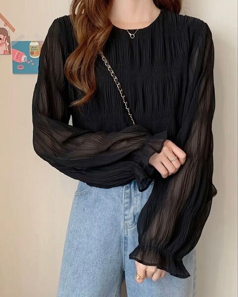 新品未着用★Mシフォン黒チュニック★トップスブラックストレッチ長袖透け感シースルーF