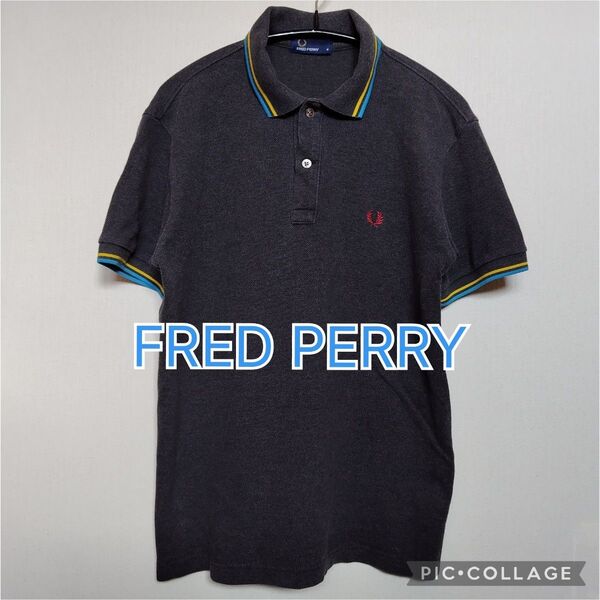 【FRED PERRY/フレッドペリー】半袖ポロシャツ、ショートスリーブ ポロシャツ、М、チャコールグレー×ブルー×イエロー