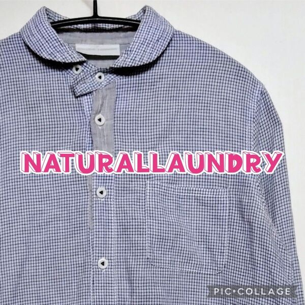 【NATURAL LAUNDRY】ラウンドカラー チェックシャツ、ギンガムチェック、2(Мくらい)ブルー×ホワイト