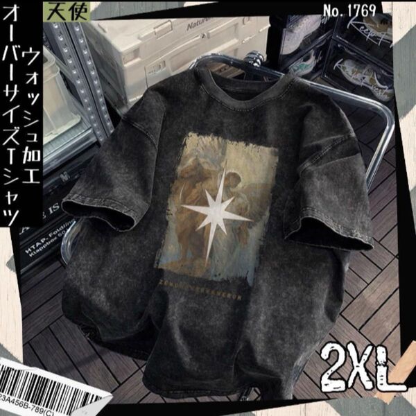 ウォッシュ加工 オーバーサイズTシャツ 天使 2XL ヴィンテージ 半袖