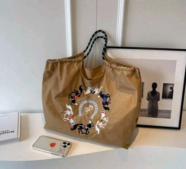 【即日発送】馬柄 刺繍大容量エコバッグ Lサイズ ベージュ トートバッグ