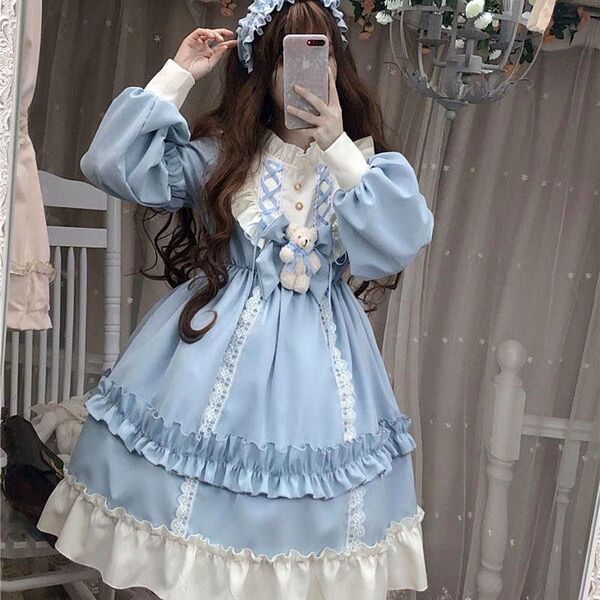 【新品】ロリータ ワンピース フリーサイズ 水色 ゆめかわ フリル リボン 天使界隈 衣装 ゴスロリ コスプレ