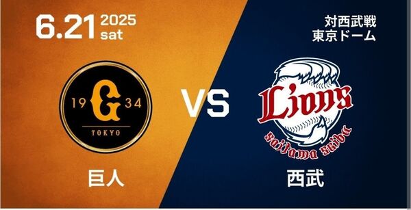 6/21 巨人 読売ジャイアンツvs埼玉西武ライオンズ チケット 2枚ペア