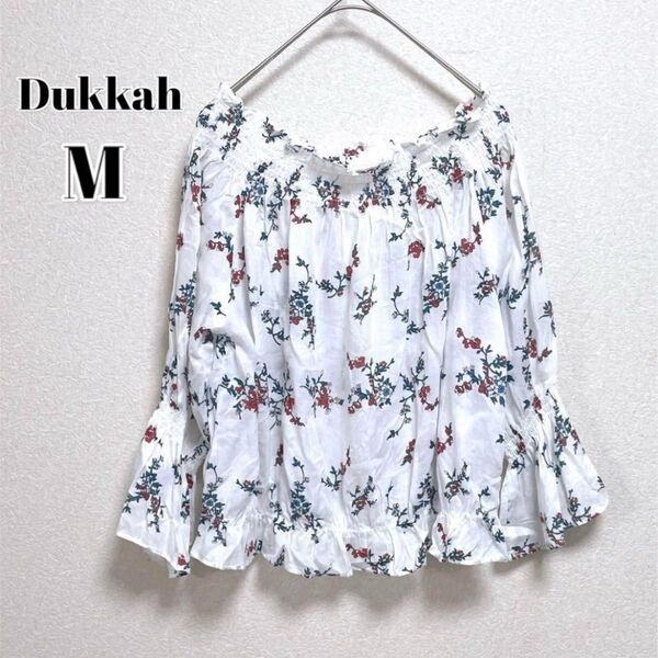 Dukkah 【デュカ】オフショルダーブラウス(M) 白花柄 フリル袖トップス ホワイト