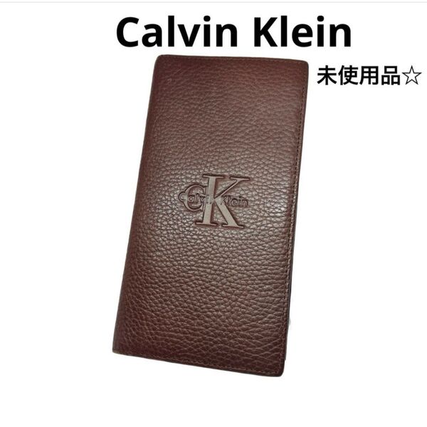 Calvin Klein 未使用品☆長財布 レザー ブラウン 二つ折り デカロゴ