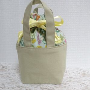 ハンドメイドミニ 巾着バッグトートバッグ 花柄 ウグイス色