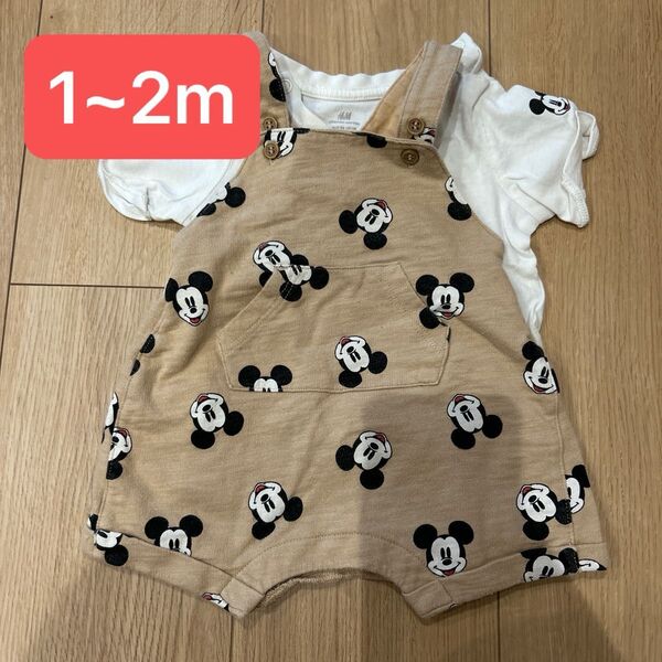 ロンパース ベビー 半袖 キッズ 子供服 H&M ミッキー ディズニー Disney ベージュ セットアップ Tシャツ