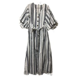 ①ストライプ柄ワンピース Vネック フリル袖 リボン付き 昭和レトロ ビンテージ 古着 USED ガーリー ロング丈 カジュアル