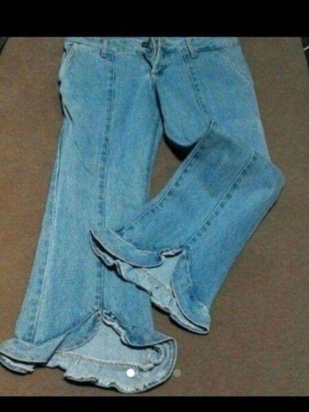 デニムパンツ フリル 裾フレア ブルー