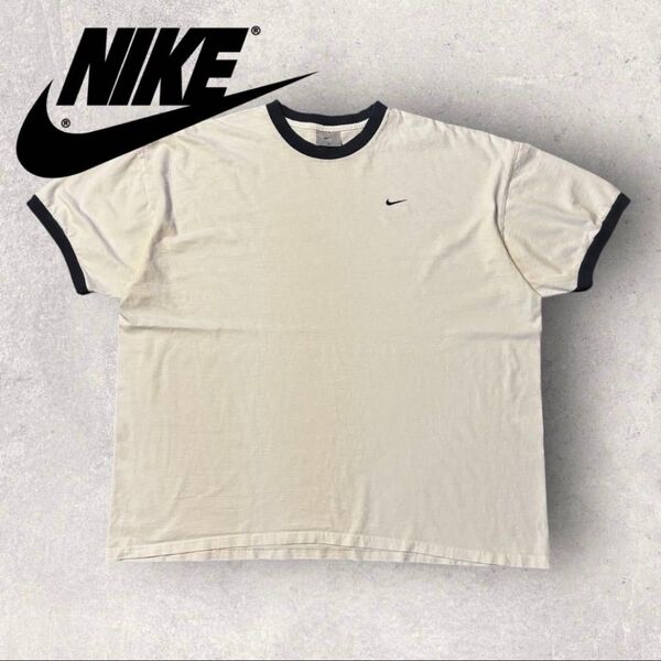 【NIKE】ナイキ リンガーTシャツ USA製 2XL 白×ネイビー 刺繍ロゴ 半袖Tシャツ