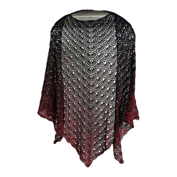 三角ショール シェル編み ハンドメイド 手編み ブラックレッド