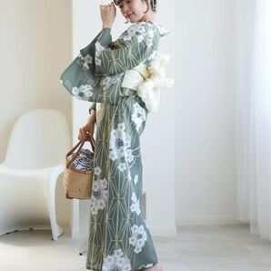 新品 ひよこ商店 高級変わり織 浴衣 セット 翡翠色に麻の葉と重なる梅