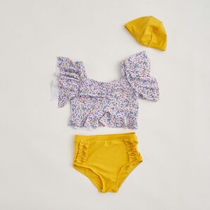 新品 水着 リセマイン SWIM 小花柄 ギャザー セパレート キャップ セット 紫 黄色 タンキニ ビキニ 120cm