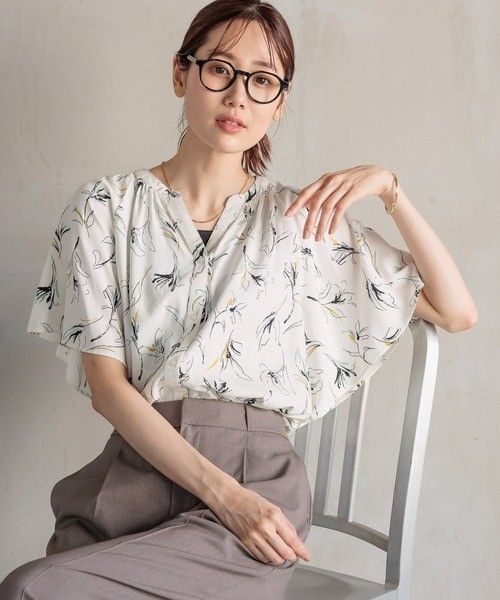 新品 GLOBAL WORK シャツ ブラウス さらさらリラックスプリントブラウス半袖レディース ホワイト系5