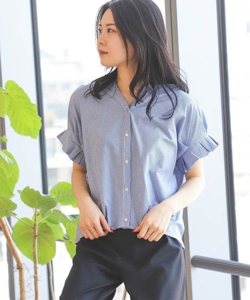 新品 シャツ ブラウス スキッパーネック カットソー トップス ストライプ ビームス