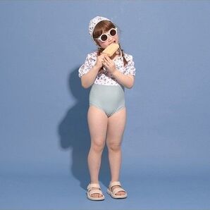 新品 水着 ワンピース リンクコーデ おそろい リセマイン ミント 水泳帽 花柄 バイカラー パフ キャップ セット 130