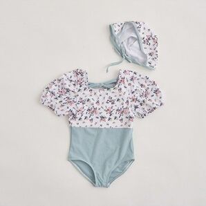 新品 水着 ワンピース リンクコーデ おそろい リセマイン ミント 水泳帽 花柄 バイカラー パフ キャップ セット 110