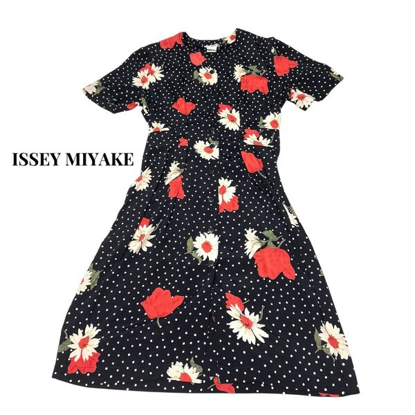 ISSEY MIYAKE イッセイミヤケ ロングワンピース マキシ丈 花柄 ノーカラー ドット柄 PLEATS PLEASE