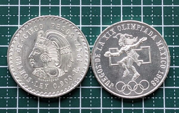 【メキシコ銀貨2枚】1947年 クアウテモック王 5ペソ銀貨 & 1968年 メキシコ五輪記念 25ペソ銀貨