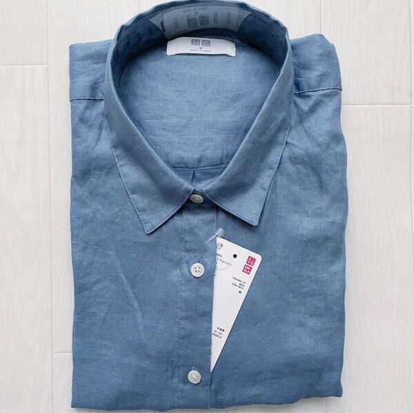 新品 S UNIQLO ユニクロ プレミアムリネンシャツ レディース 長袖 ブルー 水色 くすみブルー 麻