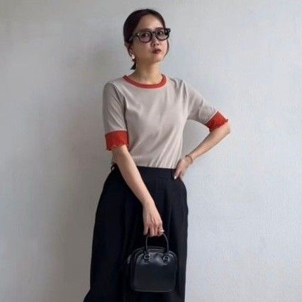 田中里奈 しまむら mysa 半袖 トップス 配色 ベージュ オレンジ М 半袖カットソー