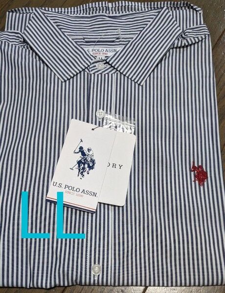 新品 メンズ U.S. POLO ASSN. ストライプ 半袖シャツ 半袖 カジュアルシャツ 綿100 XL LL ブルー系