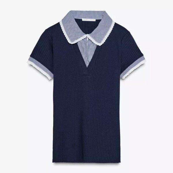 ZARA ピーターパンカラー リブ編みTシャツ