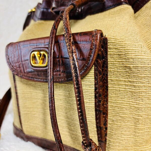 valentino garavani ガラバーニ ショルダーバッグ クロコ調 麻 レザー ハンドバッグ バッグ 2WAY キャンバ