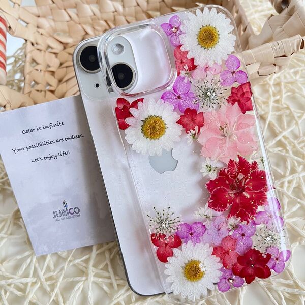 iPhone 14 紫陽花の押し花スマホケース ピンク ケース