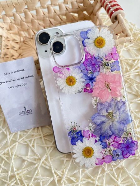 iPhone 14 紫陽花の押し花スマホケース パープルピンク ケース
