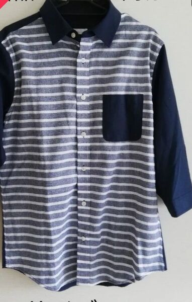 ストライプシャツ 七分袖 八分袖ネイビー×ホワイト春夏秋ティーシャツTシャツレディースメンズ