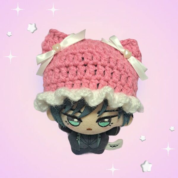 ちびぐるみ ぬい服 編み物 猫耳ニット帽 チェリーピンク×ホワイト