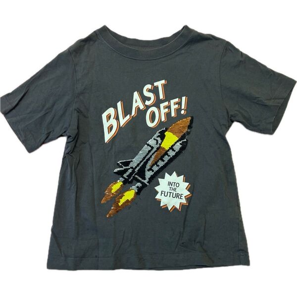 【500円均一】140サイズ GUのロケット柄スパンコールTシャツ グレー 半袖 子供服 キッズ 宇宙船 スペースシャトル