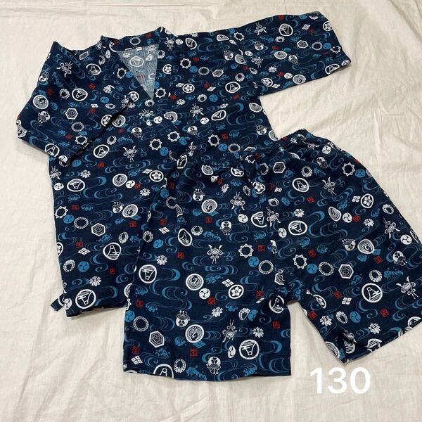 美品 甚平 サイズ130 和柄 紋柄 綿100% ネイビー 紺 総柄 じんべい 浴衣 上下セット