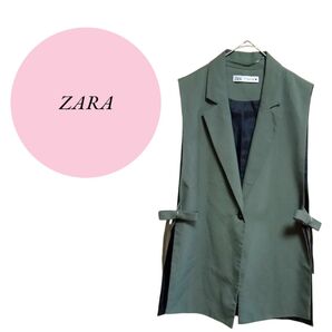 ☆6月セール☆最終値下げ☆【ザラ】ZARA Vネック ロングジレ カーキ リボン サイドスリット入り XSサイズ