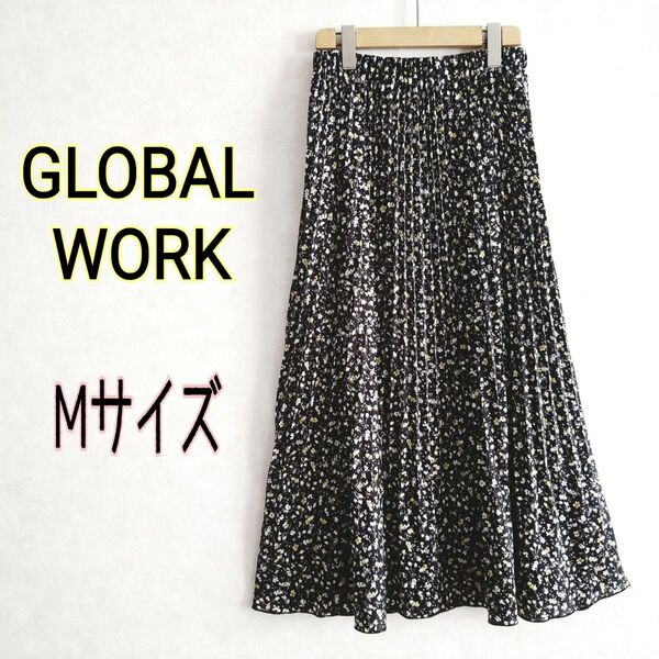 GLOBAL WORK グローバルワーク★小花柄 総柄 マキシ丈ロング 光沢 ライトサテンプリーツスカートMウエストゴム 黒白黄色