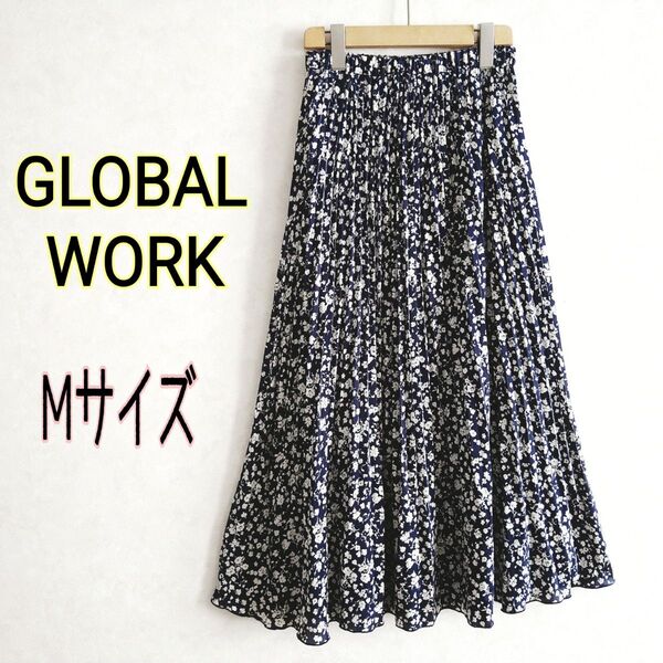 GLOBAL WORK グローバルワーク★小花柄 総柄 マキシ丈ロング 光沢 ライトサテンプリーツスカートMウエストゴム紺ネイビー