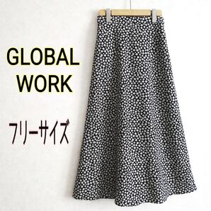 GLOBAL WORK グローバルワーク★涼しげ素材 デイジー柄 小花柄 総柄マキシ丈ロング フレアスカートFウエストゴム黒白黄色