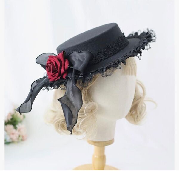 ハット 洋服用ハット レディースレース 薔薇 ロリータ お姫様 お嬢様 エレガント 森ガール コスプレ ブラック