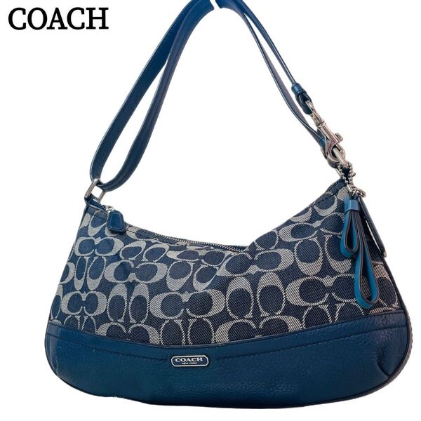 COACH コーチ ワンショルダーバッグ シグネチャー レザー デニム ハーフムーン 半月型 ブルー 青 2way
