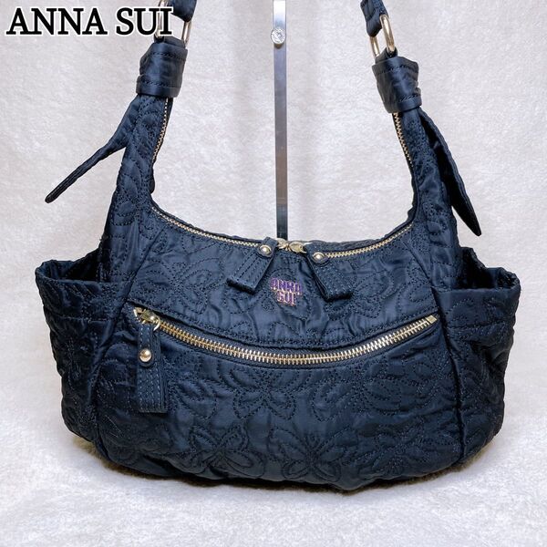 極美品 ANNA SUI アナスイ ショルダーバッグ ナイロン キルティング 蝶々 黒 ブラック