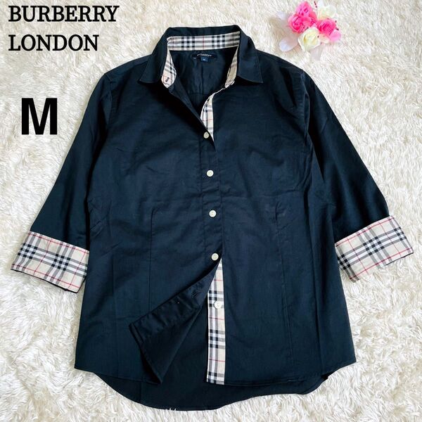BURBERRY LONDON バーバリーロンドン 半袖 コットンシャツ ブラウス 黒 ノバチェック M 七分丈