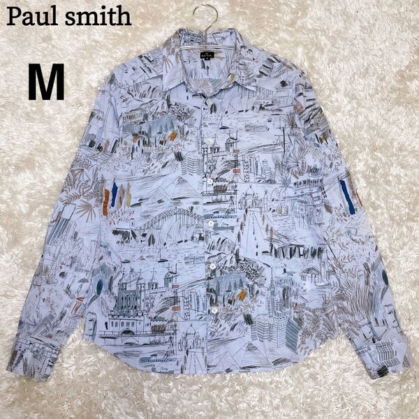 Paul smith ポールスミス アートシャツ 総柄 長袖 コットン M ブルーグレー M