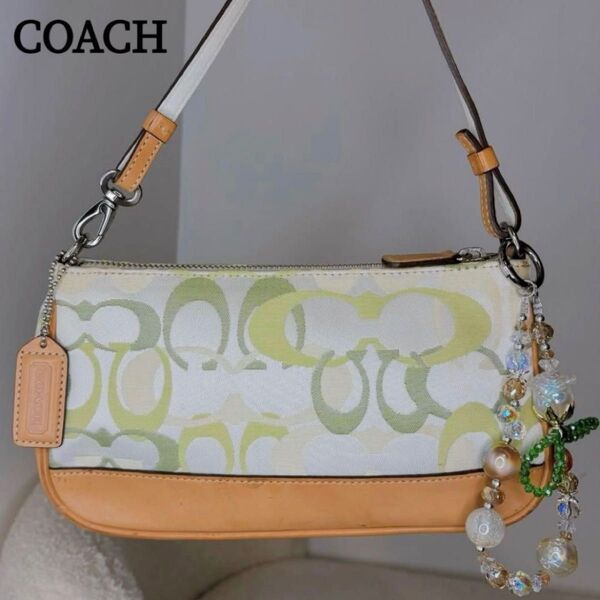 COACH コーチ ハンドバッグ ワンショルダーバッグ キャンバス レザー シグネチャー ホワイト グリーン 白 緑 y2k