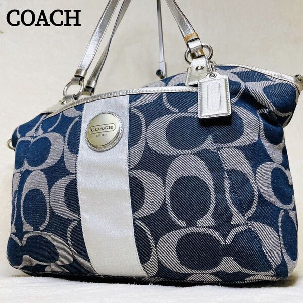 COACH コーチ トートバッグ ハンドバッグ 肩掛け シグネチャー デニム ブルー シルバー y2k