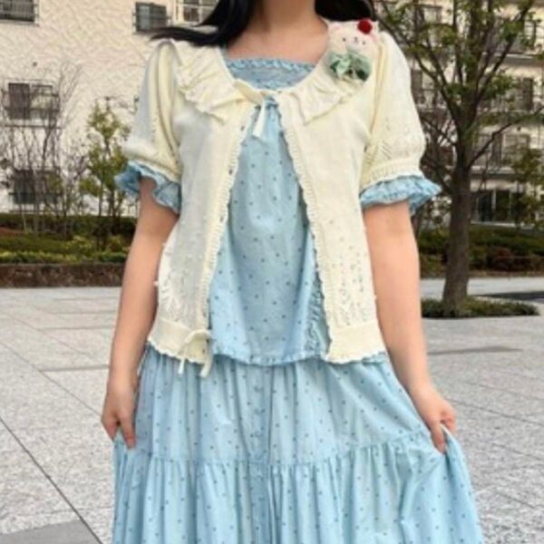 ☆極美品☆24SS ピンクハウス パール使い透かし柄ニットカーディガン PINK HOUSE フリル パフスリーブ レース フリル