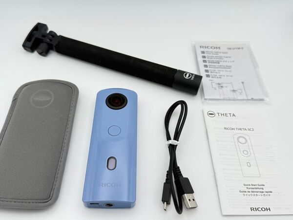 【美品】RICOH THETA SC2 ブルー 自撮り棒付き R03030 リコー シータ 360度カメラ