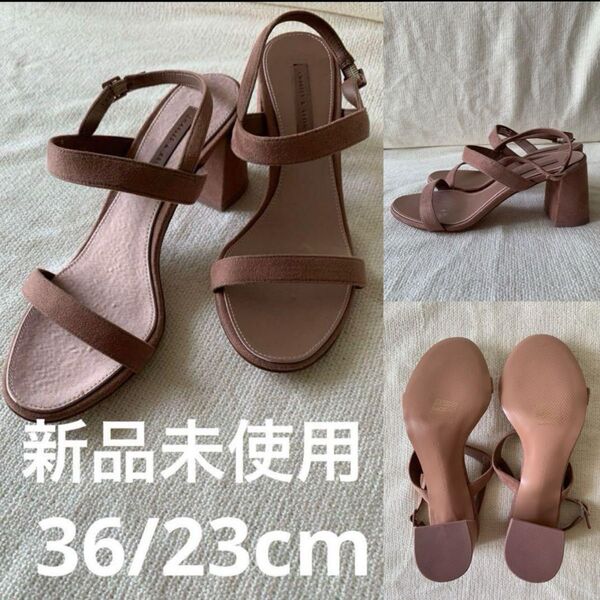 【新品未使用】CHARLES & KEITH くすみピンクベージュ サンダル36 アンクルストラップ ヒール
